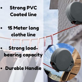 Quebec – Cordomatic Retractable washing line – Heavy Duty Wall Mounted Clothes Line - Thick Strong Plastic PVC Cover for Clothes Drying Garden Outdoor Use - 15M