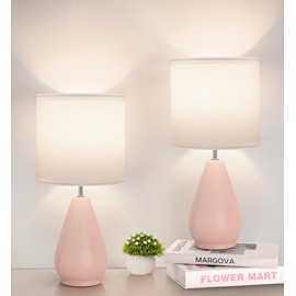 Yacoto Ceramic Table Lamps Set of 2, Small Pink Bedside Lamps for Bedroom Modern Nightstand with 3 Color Temperatures for Living Kid’s Room Reading Office Dorm (Bulbs Included)