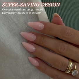 24pcs Almond False Nails -Nude Pink Press On Nails Long - Solid Color Fake Nails With Glue - Reusable Acrylic nails Press On - Glossy Gel Stiletto Glue On Stick On nails For Women