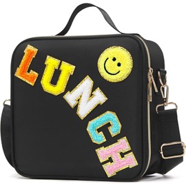 IDAHSOR Insulated Lunch Bag Women Lunch Box Kids for Teen Girls Boys, Cute Preppy Lunch Boxes with Adjustable Shoulder Strap, Waterproof Nylon Lunchbox Lunch Bags for School Work Picnic (Black)