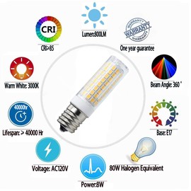 HXMLIHB E17 LED Bulb,80W Halogen Bulb Equivalent,Dimmable 8W,800Lm, AC120V, for Microwave Oven Over Stove Appliance,E17 LED Warm White 3000K(Pack of 2)
