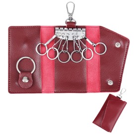 COREION Large leather key case wallet with 6 hooks and keychains/rings for men or women, Unisex Mens Womens Key Case Holder (BURGUNDY)