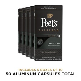Peet's Coffee, Dark Roast Espresso Capsules, Compatible with Nespresso Original Machine - Nerissimo Intensity 11, 50 Count (5 Boxes of 10 Espresso Capsules)