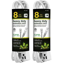 GoGreen Power Inc. (G-19608-2) 16/3 8' 3-Outlet Extension Cord, White, 8ft, 2 Pack