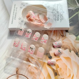 24Pcs Heart Press on Nails Square Short Fake Nails Valentine's Day False Nails with Rhinestones Stick on Nails Hearts Acrylic Nails Romantic Pink Nail Tip Glue on Nails Valentines Artificial Nails Art