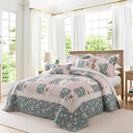 BEDIFANY French Style Queen Size Quilt Set for Farmhouse - 3 Pieces Cotton Filling Garden Lightweight Bedspreads Queen with Floral Pattern - All Season Quilt Bedding Sets for Decorations
