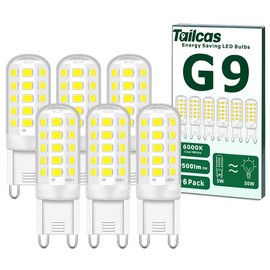 Tailcas 5W G9 Led Bulbs, Cool White Led G9 Bulb, Equivalent to 40W-50W G9 Halogen Bulb, 5W 500lm 6000 Kelvin 220-240V No Flicker Non-Dimmable Energy Saving G9 Bulb, for Chandeliers Home Lighting Decor 6-Pack