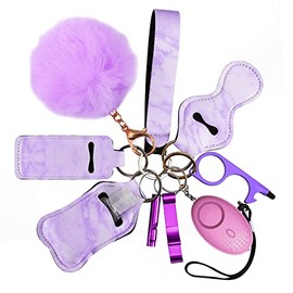 AMIR Safety Keychain Set for Women and Kids, 10 Pcs Safety Keychain Accessories, Safety Keychain Set for Girls with Safe Sound Personal Alarm, No Touch Door Opener, Whistle and Pom, Purple