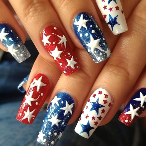 MISUD 4th of July Press on Nails Long Square Fake