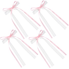 HINZIC 4pcs Coquette Lace Bows Pink White Bow Hair Clips with Long Tail Cute Bowknot Ribbon Snap Barrettes Valentines Wedding Prom Valentines Decorative Accessories for Women Teen Rapunzel