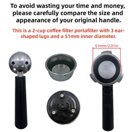 51mm 3-Ear Cafe Barista Portafilter Handle, Fits Mr. Coffee Series 162426-000-000, Compatible with BVMC-ECMP1000 Espresso Machine