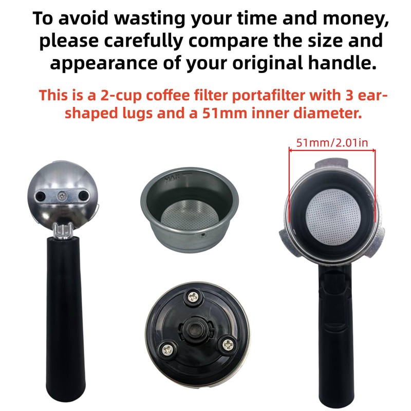 51mm 3-Ear Cafe Barista Portafilter Handle, Fits Mr. Coffee Series