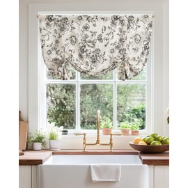 jinchan Tie Up Shade Valance Curtain Linen Floral for Kitchen Window Living Room Cafe Farmhouse Light Filtering Rustic French Retro Country Curtain Over Sink 54 Inch 1 Panel Black on Beige
