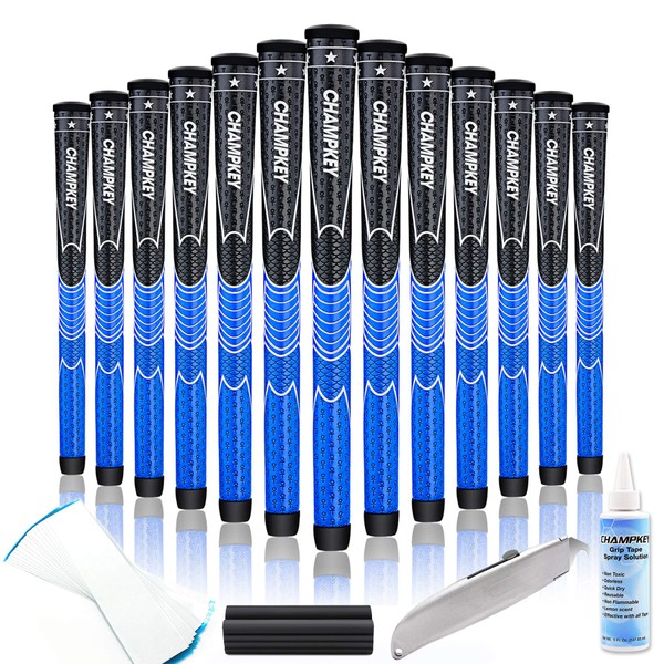 Champkey Comfortable polyurethane Golf Grips Set of 13 | Choose Between 13 Grips with 15 Tapes and 13 Grips with All Repair Kits (Black&Blue(Repair Kits Included), Midsize)