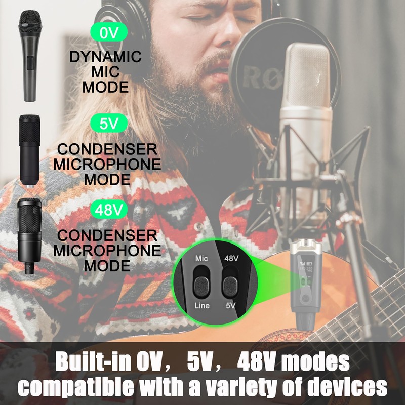 UHF Wireless XLR Transmitter and Receiver with 48V Phantom Power,Rechargeable