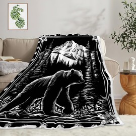 Bear Rustic Cabin Black Throw Blanket, Wild Animal Lodge Bed Blanket Nature Wildlife Bear Fuzzy Blankets for Bed Sofa Couch, Adventure Forest Hunting Farmhouse Country Bedroom Decor Blanket 60X80in