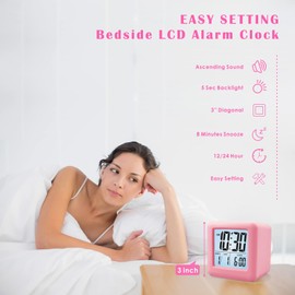 Plumeet Digital Alarm Clock Kids Clock with Snooze and White Nightlight - Easy Setting Travel Alarm Clocks Display Time, Date, Alarm - Ascending Sound - Battery Powered (Baby Pink)