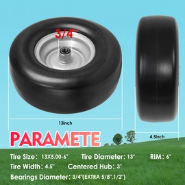Suriwee 13x5.00-6 Flat Free Lawn Mower Tires and Wheels with 3/4" 5/8" 1/2" Bearings, Zero Turn Mower Front Tires, 3.25"-7" Center Hub (2 Pack,Silvery)