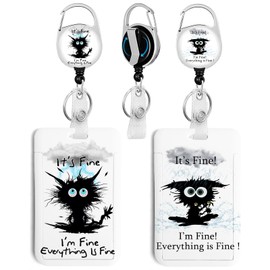 2 Pack It's Fine Black Cat ID Badge Holder with Clip Badge Reels Retractable Heavy Duty,Keychain，ID Holder for School Nurse Office