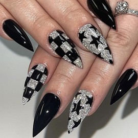 Almond Press on Nails Medium Length Fake Nails Black Checkerboard Stars Designs False Nails with Silver Glitters Glossy Full Cover Stiletto Glue on Nails Sparkling Stick on Nails for Women Girls