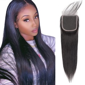 12A Brazilian Straight 4x4 HD Lace Closure Free Part Hand Tied Transparent HD Lace Closure 100% Unprocessed Human Hair Transparent Lace Closures Pre Plucked Natural Black (22 Inch)