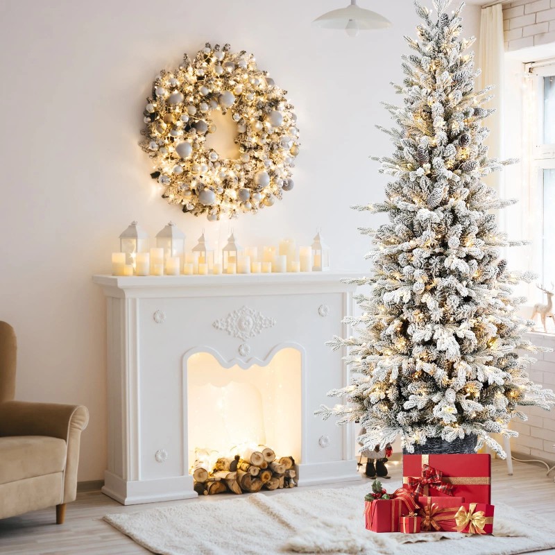 Makeatree 6.5 ft Pre-Lit Flocked Artificial Christmas Tree Slim pencil