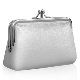 ELNX Coin Purse, PU Coin Pouch Women Kiss Lock Change Pouch Vintage Women's Coin Purses & Pouches for Keys Credit Card Coin Earphone (Silver)