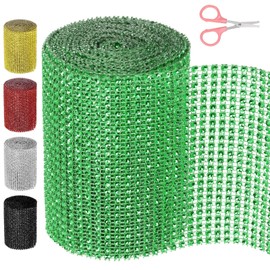 Swpeet 1 Roll 4.7Inch × 4.5 Yards 24 Rows Green Rhinestone Ribbon with Scissors，Faux Crystal Rhinestone Mesh Ribbon，Bling Diamond Wrap Trim Ribbon for Wedding Decorations DIY Crafts