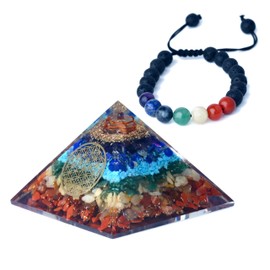 HEALING ZONE Hand Made Chakra Pyramid - Seven Chakra Orgonite Pyramid for Energy Healing - Crystal Kit with Seven Chakra Bracelet - Valentine's Day Gift for Women