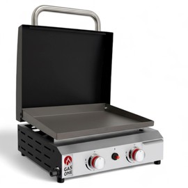 GasOne 2 Burner Flat Top Gas Grill with Lid – Auto Ignition Propane – Premium Stainless Steel Body Tabletop with Pre Season Griddle – Oil Drip Tray – for RV, Camping