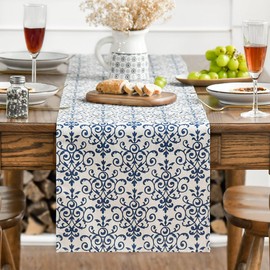 Artoid Mode Retro Floral Toile Textures Chinoiserie Cotton Table Runner, Seasonal Vintage Kitchen Dining Table Decoration for Home Party Decor 13x36 Inch