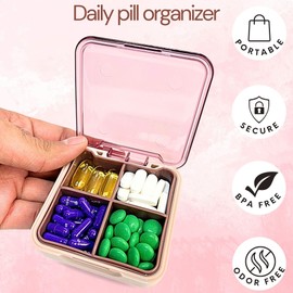Doselle Pill Organizer - Compact 4-Compartment Travel Pill Box with Removable Divider, Silicone Pouch & Transparent Cover - Small Pill Case & Travel Jewelry Organizer - Pink