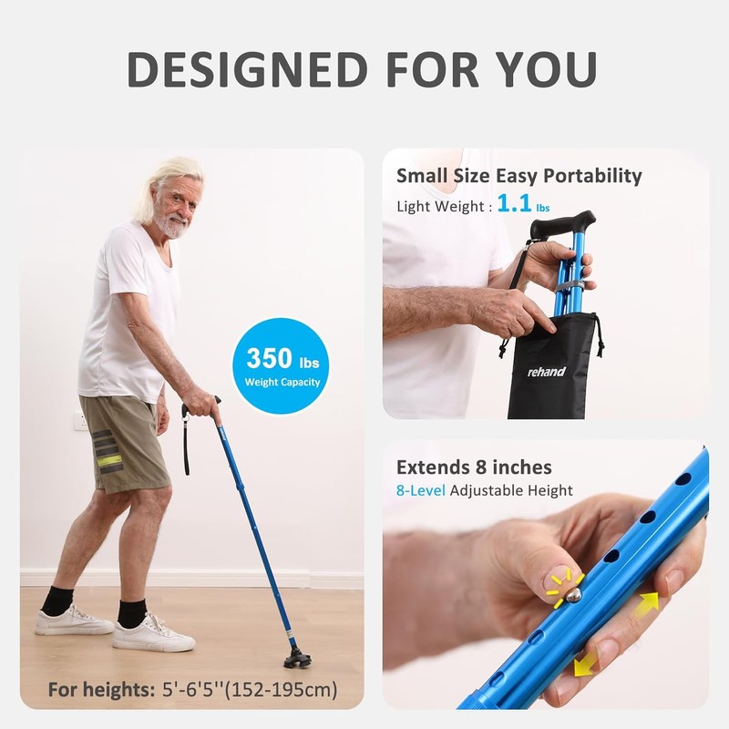 REHAND Walking Cane for Men & Women - Foldable, Adjustable,