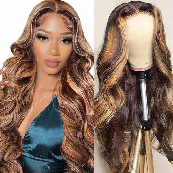 Ombre Highlight Lace Front Wigs Human Hair 55.9 cm Msgem 13 x 6 Body Wave T Part Wigs 150% Density Brazilian Body Wave HD Lace Wigs Pre Plucked With Baby Hair 4/27 Colour