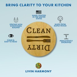 Livin Harmony Maple Wood Dishwasher Magnet Clean Dirty Sign Made in USA, Clean Dirty Magnet for Dishwasher Clean Dirty Sign, Washing Machine Magnets, Dishwasher Sign Dirty Clean Dishwasher Magnet