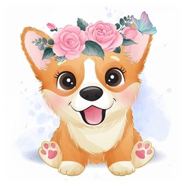 DCIDBEI 30 x 30 cm DIY 5D Round Diamond Painting Dog, Diamond Painting Pictures Animals Diamond Painting Kits Anime, Living Room Bedroom Decoration Sticker Puppy with Roses