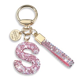 Pink Blue White Initial Letter Keychain Gift for Women Girls Bling Sparkly Cute Backpack Car Key Accessories Lanyard (S-pink)