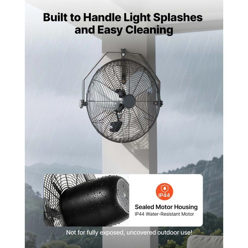 "60W Wall-Mounted Fan with IP44 Protection 3 Speeds Long Airflow