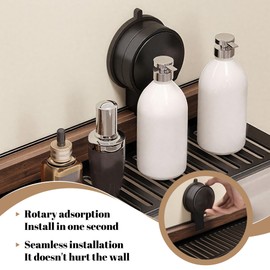 Walnut Bathroom Shelf Over Faucet - No Drill Suction Cup Sink Organizer, Wall Mounted Kitchen Storage Rack for Sponge & Soap, Removable Wood Shelf (16in, Black)