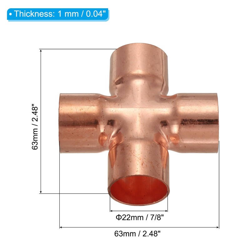 PATIKIL 7/8"(22mm) Copper Cross Pipe Fitting, 4 Way Welding Copper