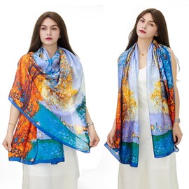 YOUR SMILE Large Mulberry Silk Feeling Long Stain Scarf Lightweight Sunscreen Shawls Wraps for Women (19 Blue Orange/Tree)