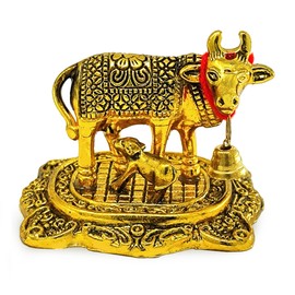 NOBILITY Golden Small Kamdhenu Cow with Calf Metal Statue Decorative Item Showpiece for Home Office Diwali Decoration Gift items Wedding Return Gifts