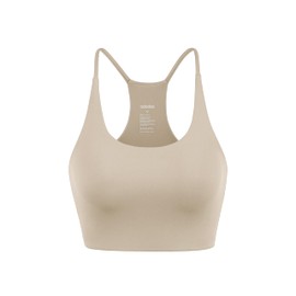 ODODOS Halter Sports Bra for Women Non Padded Strappy Cropped Tops Workout Yoga Crop, Taupe, Medium