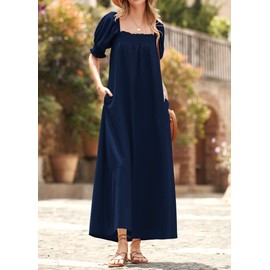 KIRUNDO Women 2025 Summer Maxi Dress Casual Loose Puff Sleeve Square Neck Maternity Flowy Long Beach Dresses with Pockets(Navy, X-Large)