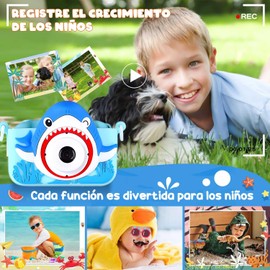Mini Cámara para Niños USB Recargable,Cámara de Vídeo para Niños Niñas de 3-12 Años con Tarjeta de Memoria 32G y Pantalla 2"IPS Hd Cámaras Duales,Regalo de Cumpleaños,Navidad para Niños (Tiburón)