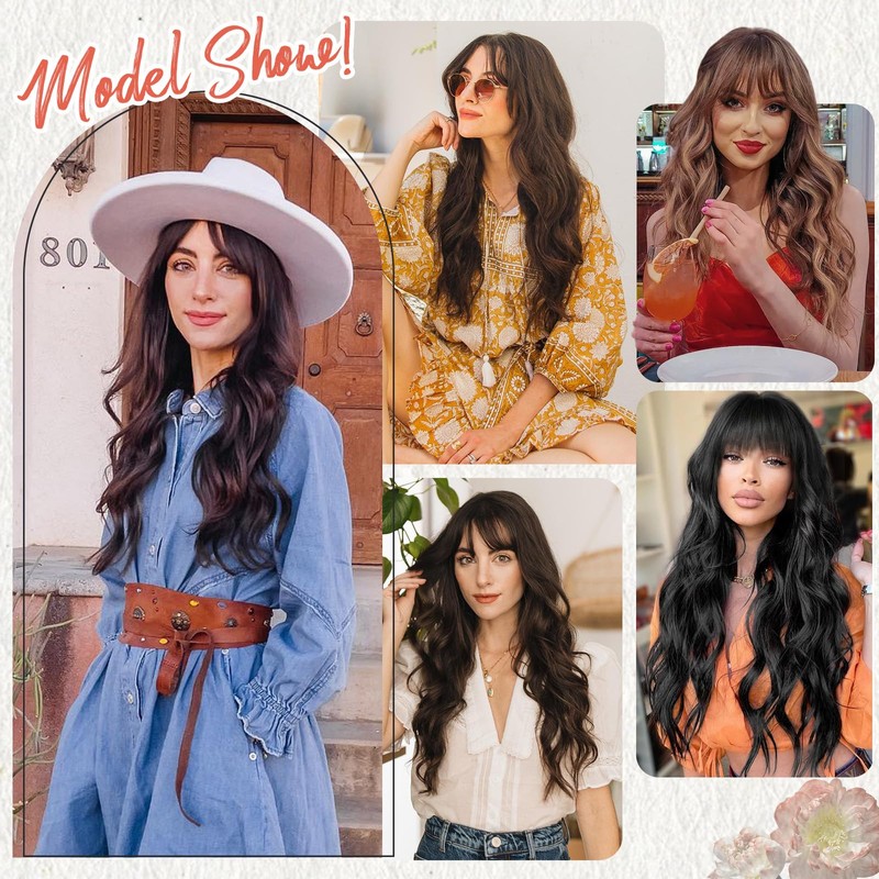 NOSTALGIA Brown Wig With Bangs Long Wavy Wig for Women