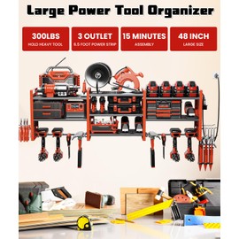 Kweetle Heavy-Duty 48" Wall Mount Power Tool Organizer with Charging Station – 3-Tier Garage Organization Rack for Drills, Wrenches & Tools – Includes 16 Hooks & Pegboard Sides