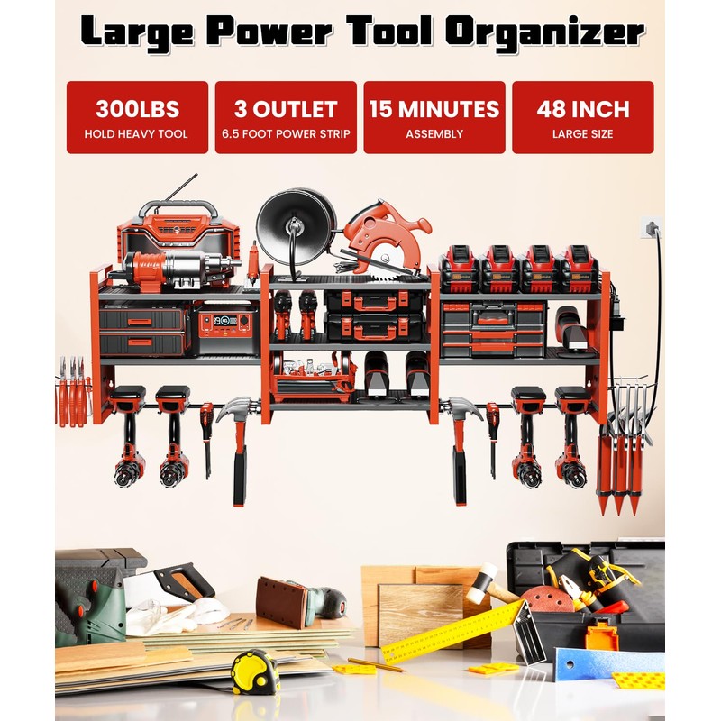 Kweetle Heavy-Duty 48" Wall Mount Power Tool Organizer with Charging