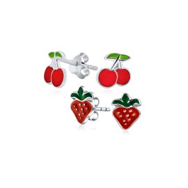 Set of Two Tiny Small Summer Fruit Red Enamel Strawberry Cherry Stud Earrings For Women For Teen .925 Sterling Silver