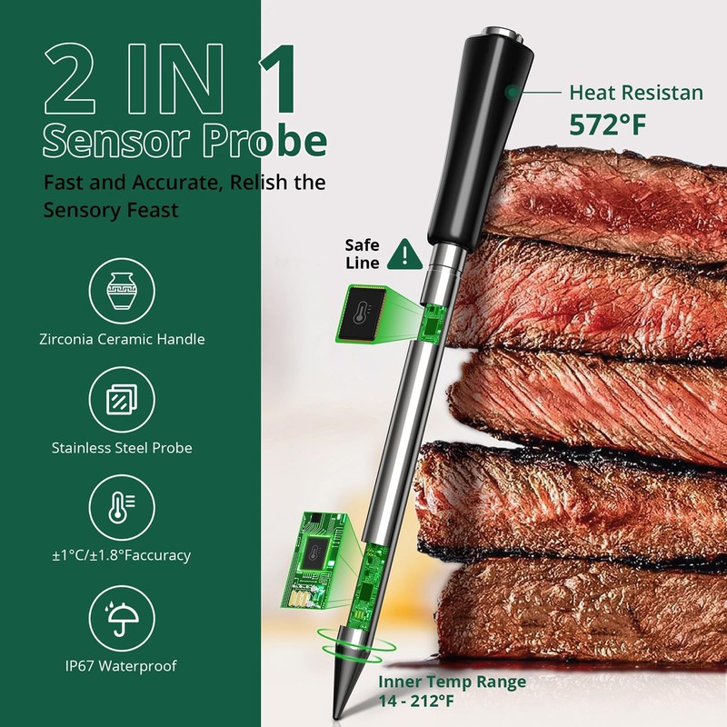 Meat Thermometer Digital Wireless, Bluetooth Smart Meat Thermometer with APP